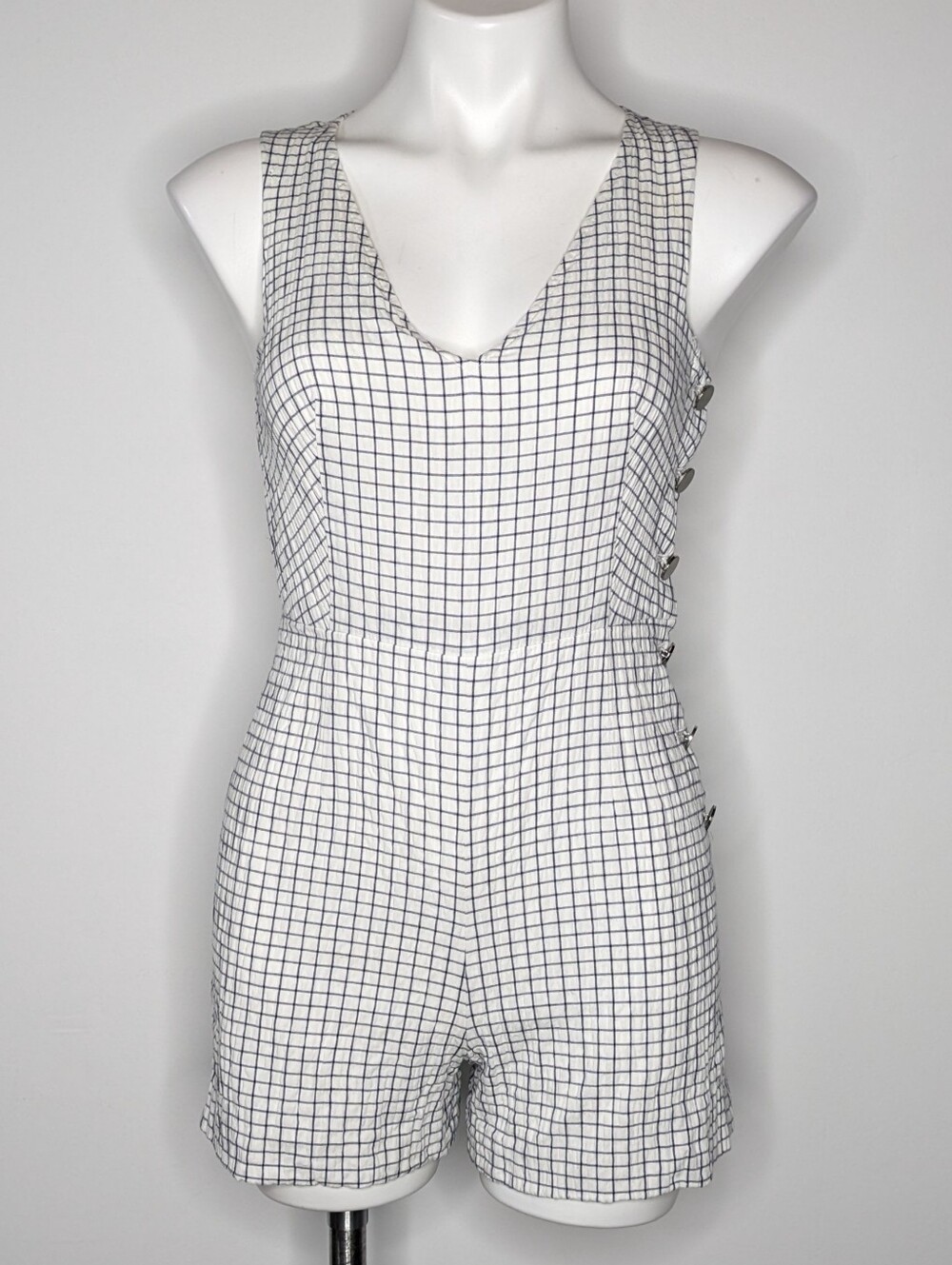 Club Monaco Cahdell Blue White Striped Checkered Cotton Blend Romper 00
